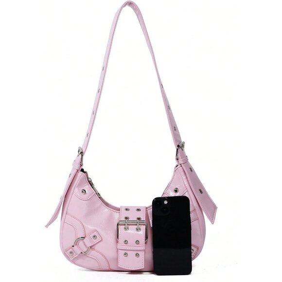 Women's Studded PU Leather Tote Handbag Adjustable Strap Boho Bags -Pink - Picture 6 of 9